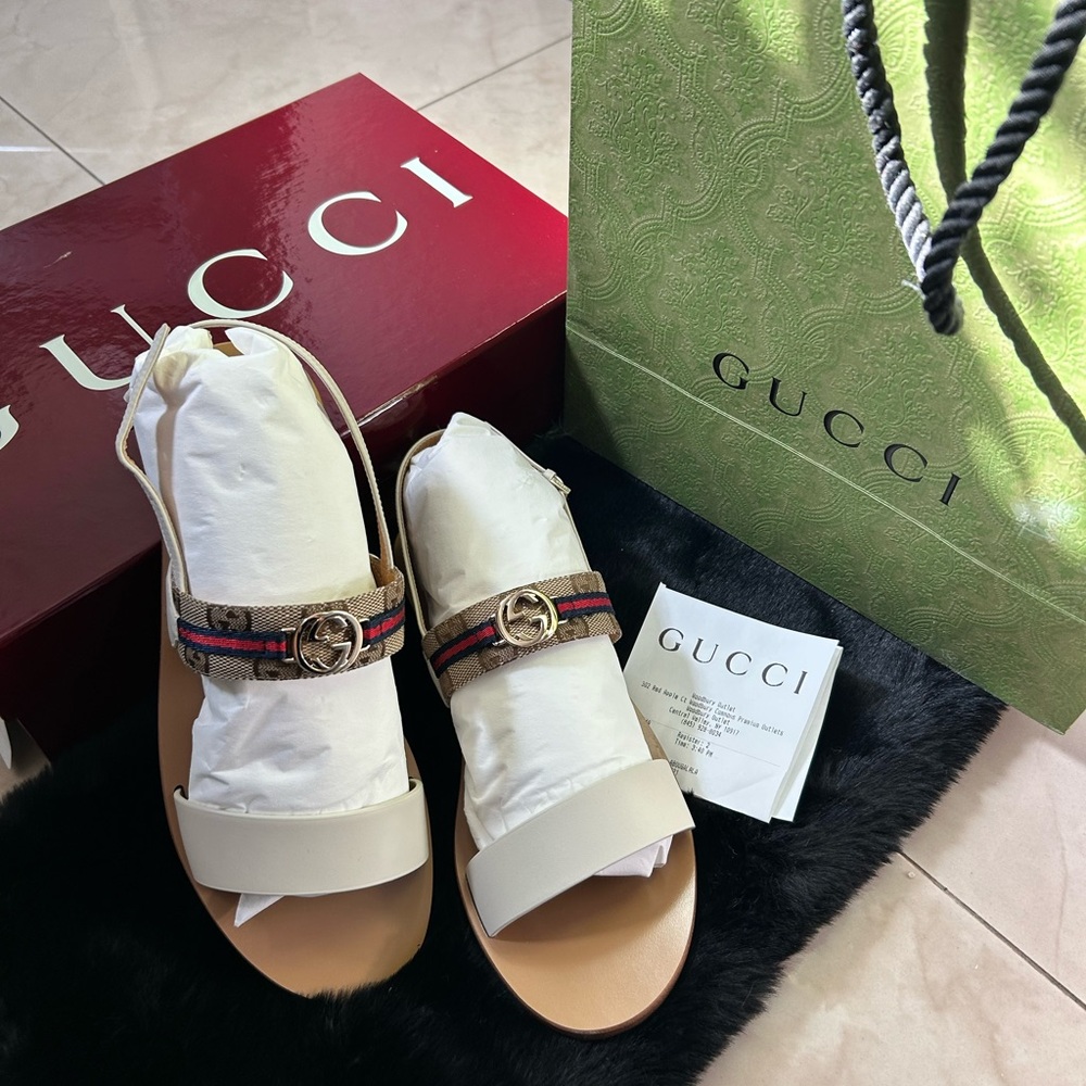 Gucci Beige Leather Slingback Sandals with Signature Web and Gold GG